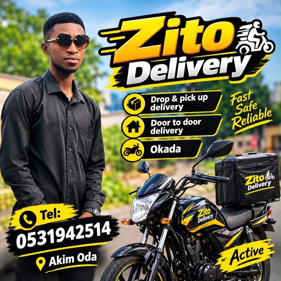 Zito Delivery poster: rider with branded black and yellow motorcycle, Tel 0531942514, Akim Oda